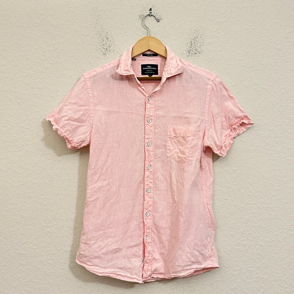 RODD & GUNN Shirt Blush Pink Linen Short Sleeve Sports Fit Lightweight